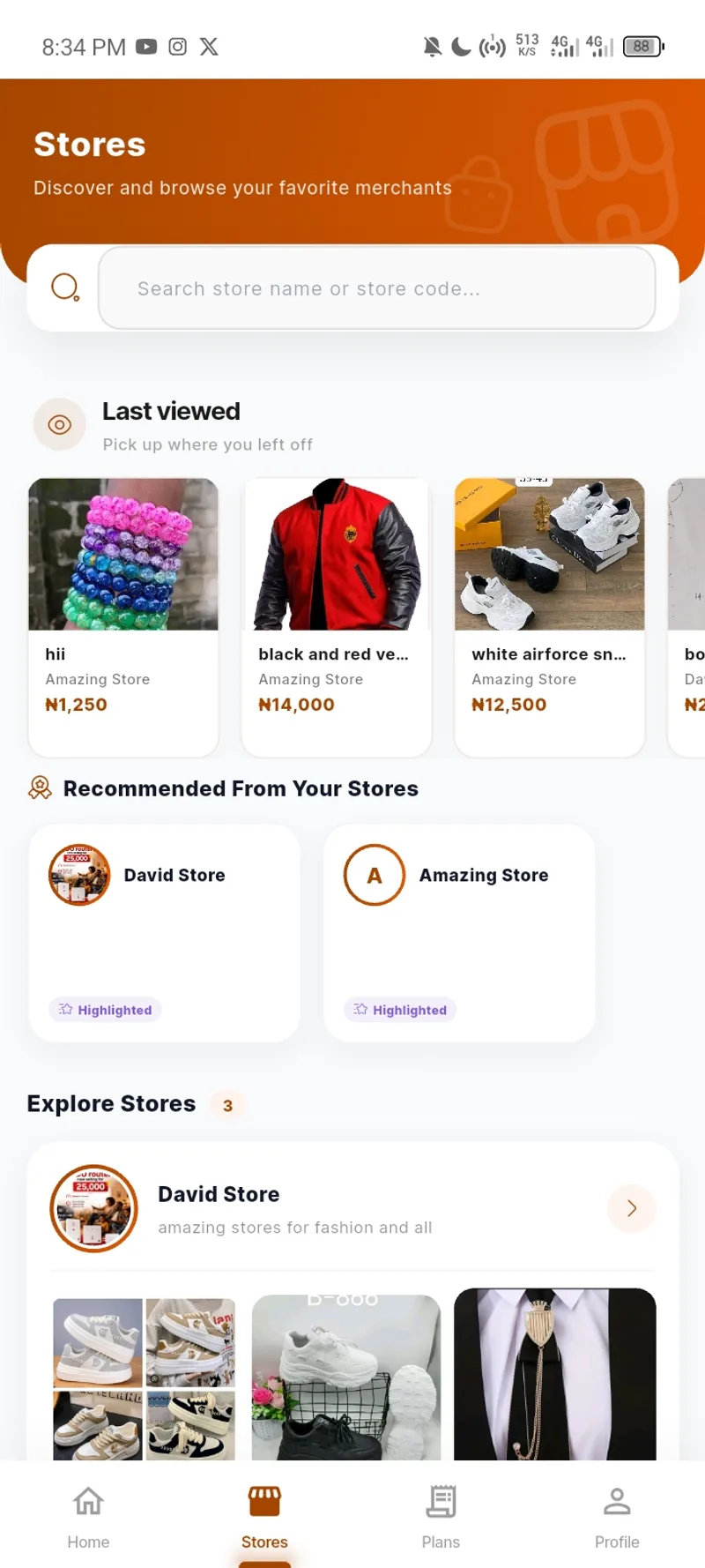 The Korra Stores page: saved stores, last viewed and recommendations